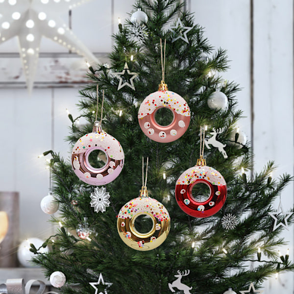 Juletræspynt med Donut: 4 stk. Donut Festpynt Han Red