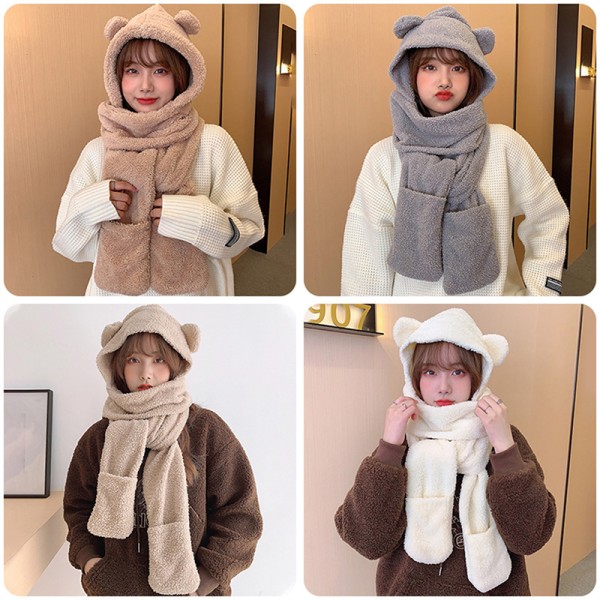 e Bear Ear Hat Scarf Handskar 3-i-1 Winter Warm Cap Dam Windpr 2#Gray one size