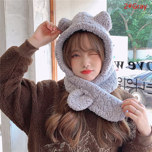 e Bear Ear Hat Scarf Handskar 3-i-1 Winter Warm Cap Dam Windpr 2#Gray one size