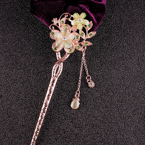 Cat Eye Stone Hair Pin Double Flower Rhinestone Hair Stick Hair Multicolor A5
