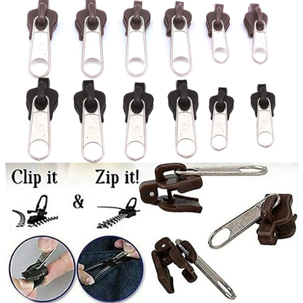 12 stk 3 størrelser Universal Instant Fix Lynlås Reparationssæt Erstatm Silver onesize