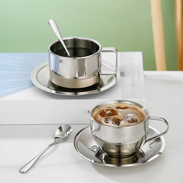 Kaffekopp Dubbellager Varmbeständig Kaffekopp Set Rostfri Silver A2