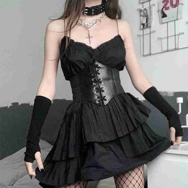 1st Gothic Dark Lace Up Kvinnlig Midja Korsett Bälte Bred PU Läder Black P1