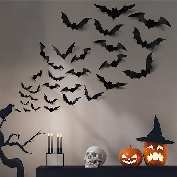 12 kpl Halloween-koristetta 3D musta PVC-lepakko Halloween-juhlat one size