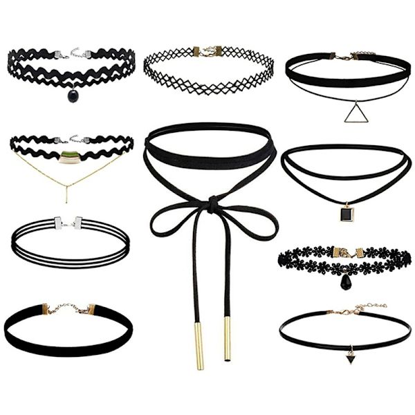 10 delar Choker Halsband Svart Klassisk Sammet Stretch Gothic Black Set