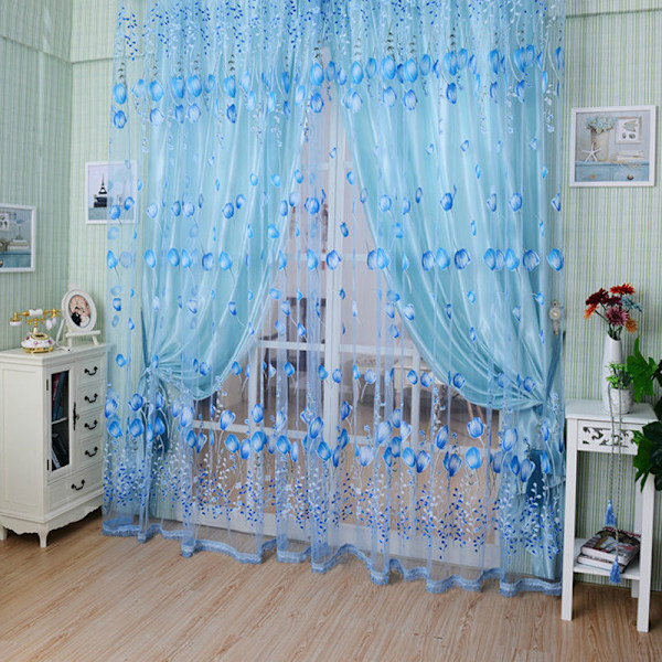 Valances Tulip Floral Tulle Voile Dør Vindu Gardin Drape Pan Blue One Size