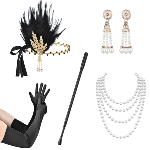1920-talet Flapper Costume Pannband Halsband Handske Armband Gatsby M F Onesize