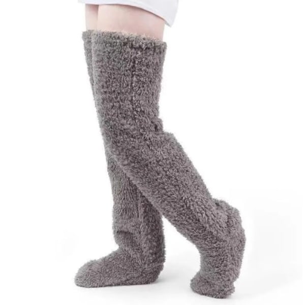 Over Kne High Fuzzy Long Socks Plysjstrømper Benvarmere Vinn Gray one size