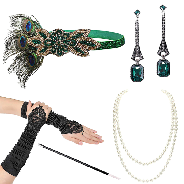 1920-talet Flapper Costume Pannband Halsband Handske Armband Gatsby M G Onesize