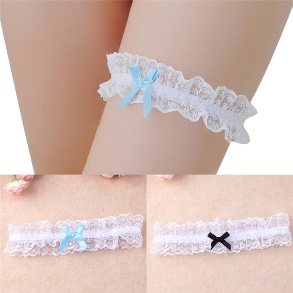 Dubbelfärgad spetsband Bowknot Bröllop brud höna present strumpeband Blue One Size