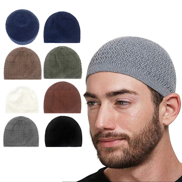 Afslappet Strikket Muslimsk Mænds Bønnehuer Vinter Varme Beanies Hat I Red