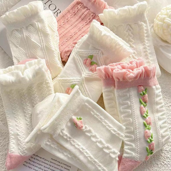 5 Stk/sett White Floral Mid-tube Sokker Dame Trendy Spring Thi White 5 Pieces