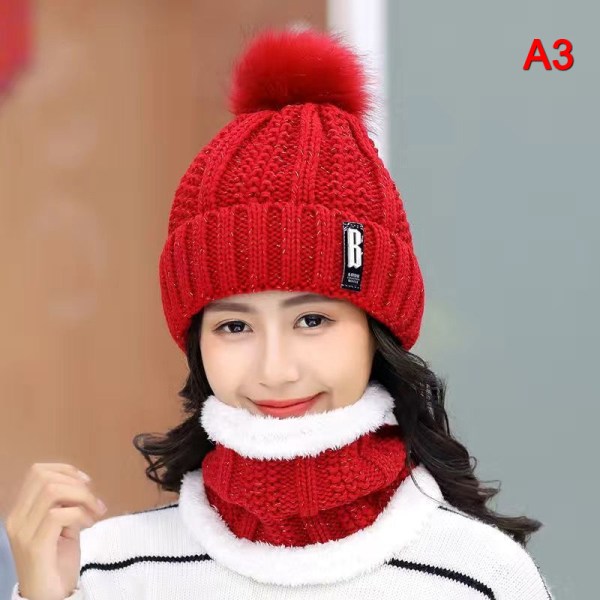 Vinterstrikket skjerfluesett Tykk Varm Skullies Beanies Luer F A3 one size