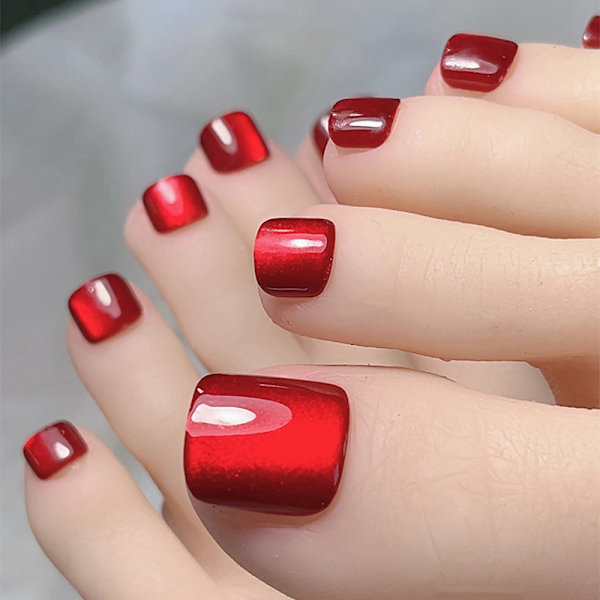 10 stk/æske Cat Eye Toe Falsk Negle Kort Firkantet Tryk på Negle fo Rose red onesize