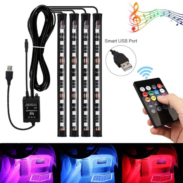 4x 9LED RGB auton sisäilmatunnelma Jalkatilan nauhavalo USB Ch Black One Size