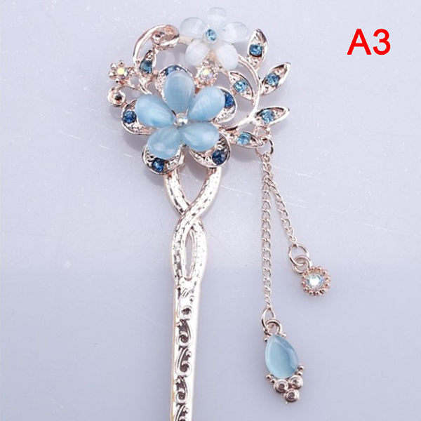 Cat Eye Stone Hair Pin Double Flower Rhinestone Hair Stick Hair Blue A3