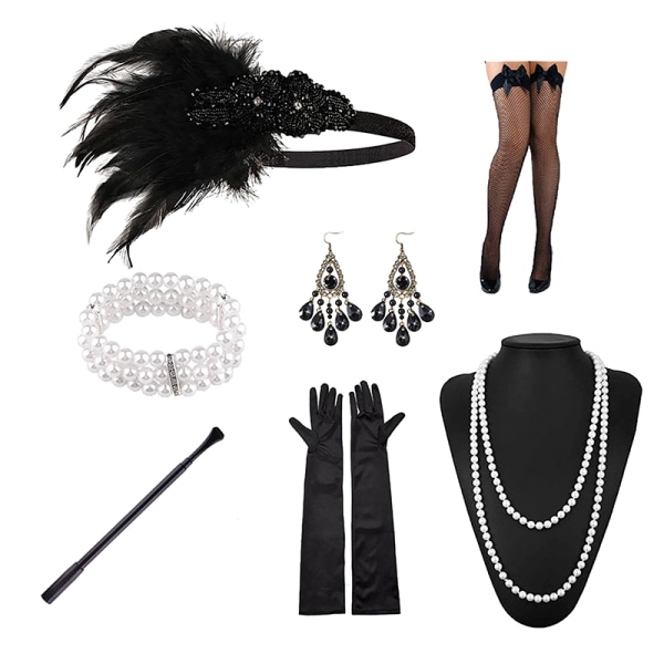 1920'erne Flapper Costume Pandebånd Halskæde Handske Armbånd Gatsby M G Onesize
