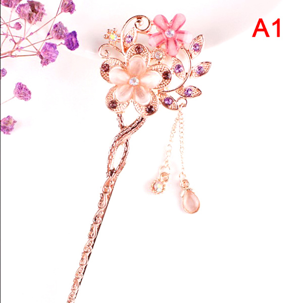 Cat Eye Stone Hair Pin Double Flower Rhinestone Hair Stick Hair Purple A1