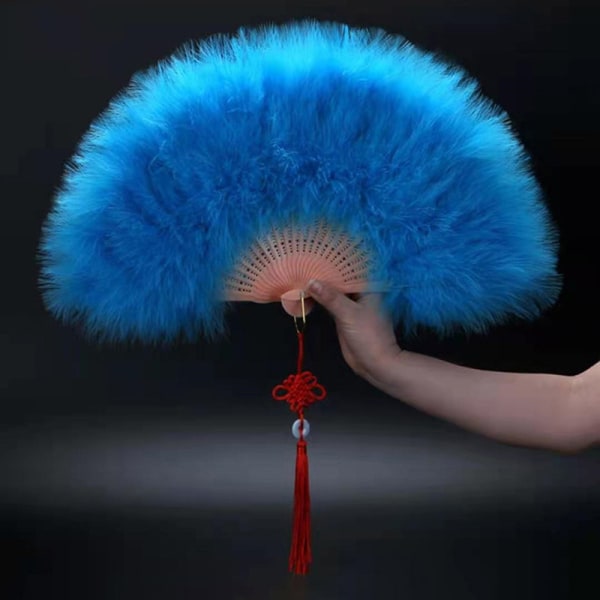 Feather Folding Fan Sweet Fairy Girl Gothic Court Dance Hand F Blue one size