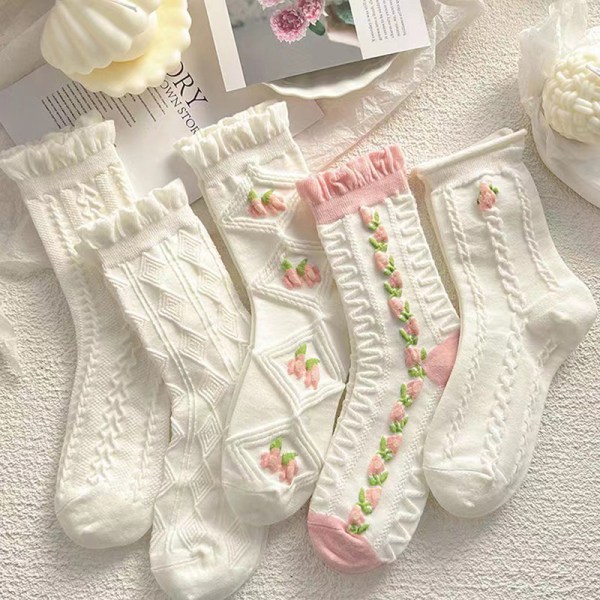 5 kpl/ set Valkoinen kukkainen Mid-tube sukat Naisten Trendikäs kevät Thi White 5 Pieces