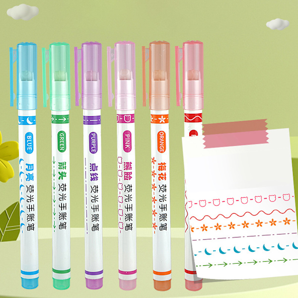 6 stk Highlighter Marker Pen Lineær Blyant Blonder Roller Tips Multi A 6pcs