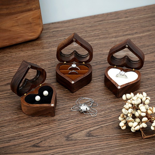 Wedding Love Ring Box Valnøtt Ring Oppbevaring Gaveeske Hjerteformet White A3