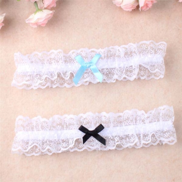 Dubbelfärgad spetsband Bowknot Bröllop brud höna present strumpeband Blue One Size