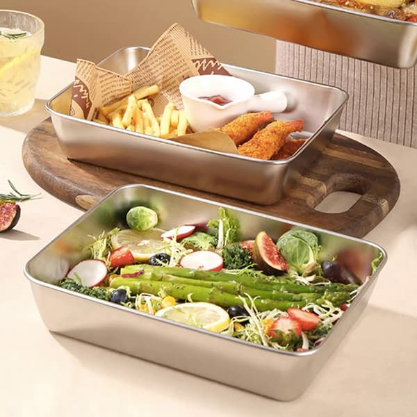 Rustfrit stål Firkantet Plade Bakke BBQ Plade Container Køkken Silver with lid