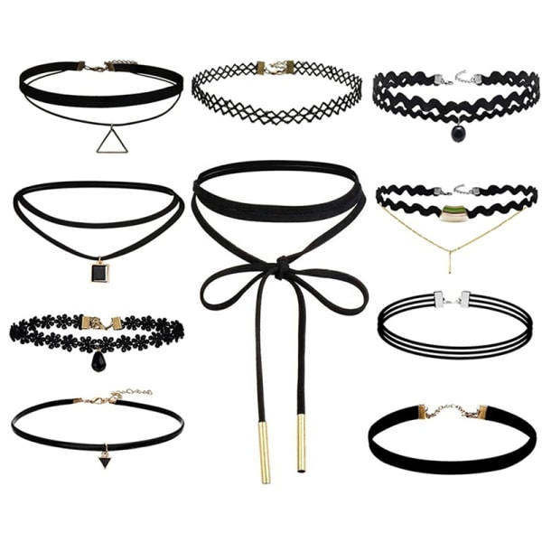 10 stykker choker halskæde sort klassisk fløjl Stretch Gothic Black Set