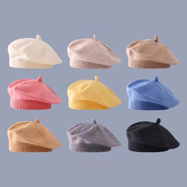Modebebistickad Beret Hatt Solid Färg Barn Varm Purple