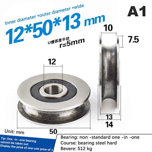 12*50*13mm spårhjul Metall U-spår ståltrådslyftning A2 A2