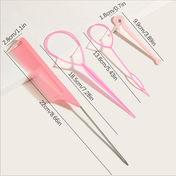 4kpl/ set French Braid Tool Loop elastiset hiusnauhat kammat ha Pink onesize