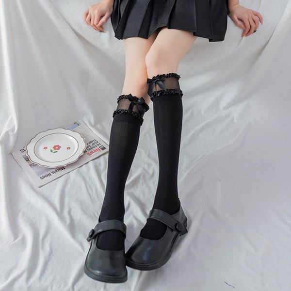 Lolita Socks Bow e Long Knee Socks Style Bomuldsstrømper Cosplay White 40cm