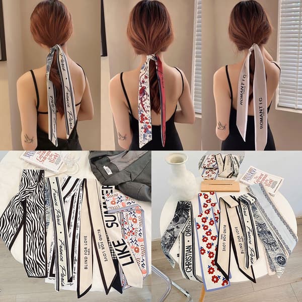 Nytt mode sidenscarf hårband Long Ribbon Bow n Printing Hai A2 one size