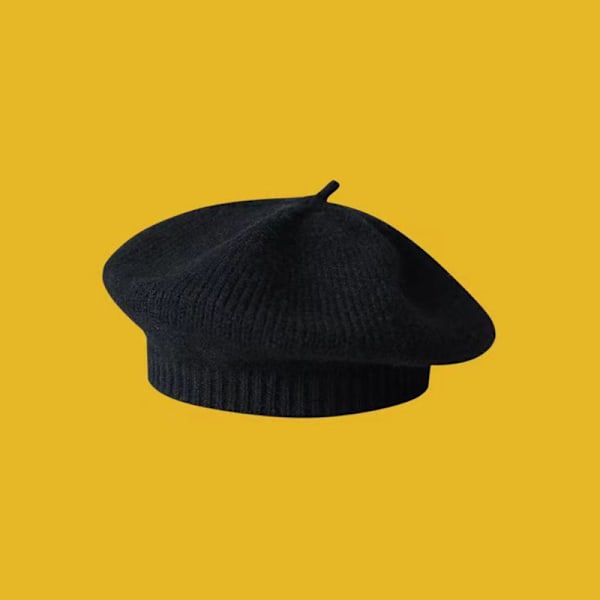 Modebebistickad Beret Hatt Solid Färg Barn Varm Black