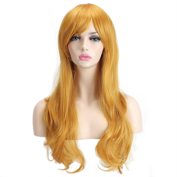 28" 70 cm modeperuker Långt vågigt lockigt hår Cosplay Peruk & Peruk Cap (gul), wz-1279 (FMY)