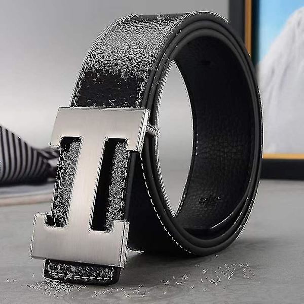 Ny Stil Business Fritid Ægte Pu Læder H Glat Spænde Litchi Korn Bælte Til Mænd V  (FMY) Black silver buckle