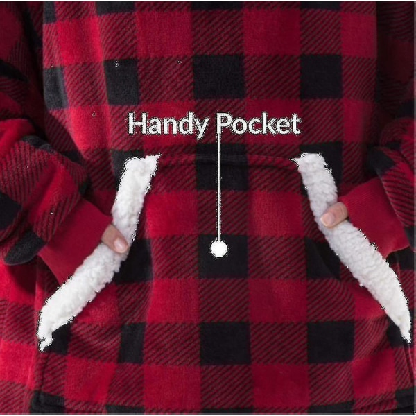 Filt Sweatshirt Oversized hoodie Bärbar filt Mjuk Varm Bekväm Giant Front Pocket S (FMY) Red and black check