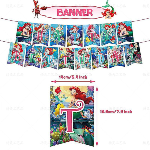 Sjöjungfru Prinsessa Tema Födelsedagsfest Dekorationer Ariel Flicka Födelsedag Pull Tab Tårta Insats Ballon Spiral  (FMY) Set B