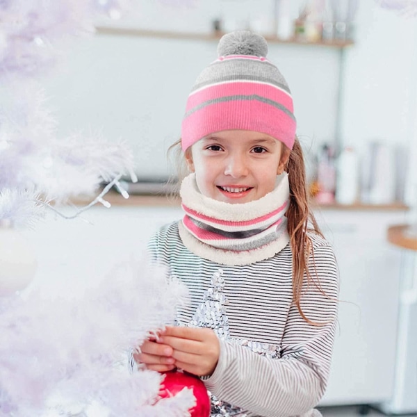 Vintermössa, halsduk och vantar för barn - Randig stickad mössa, ögla-halsduk och vantar för flickor, 3-7 år (FMY)