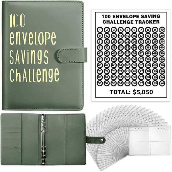 Utfordringsperm med 100 konvolutter, A5-budsjettperm - spar 5 050 med The Challenge Green (FMY)