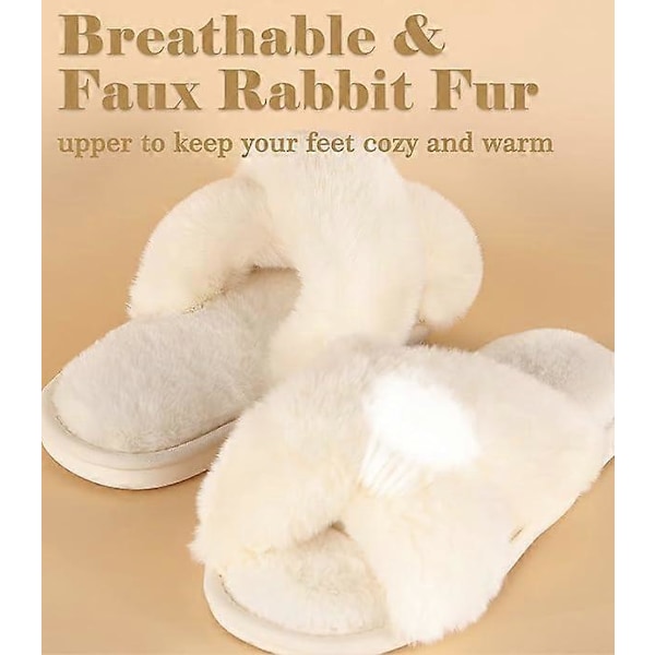 Dame Slippers Fluffy Slippers Memory Foam, Krydsbånds Pelsede Slippers med Åben Tå Hyggelige Plys Hjemmesko Indendørs Udendørs Anti-Skrid Slipper (FMY) White XL