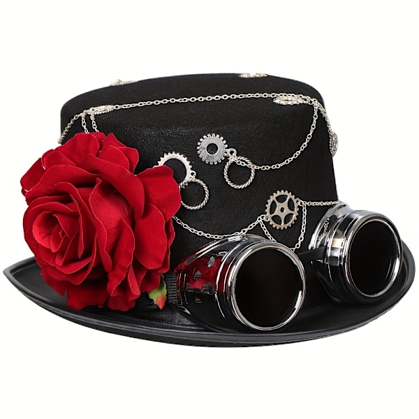 Steampunk Top Hat - Gothic-Inspired, Matte Black, Detachable Red Rose, Jazz Fedoras Style with Goggle Chain Gear - Perfect for Womens Hallow  (FMY)