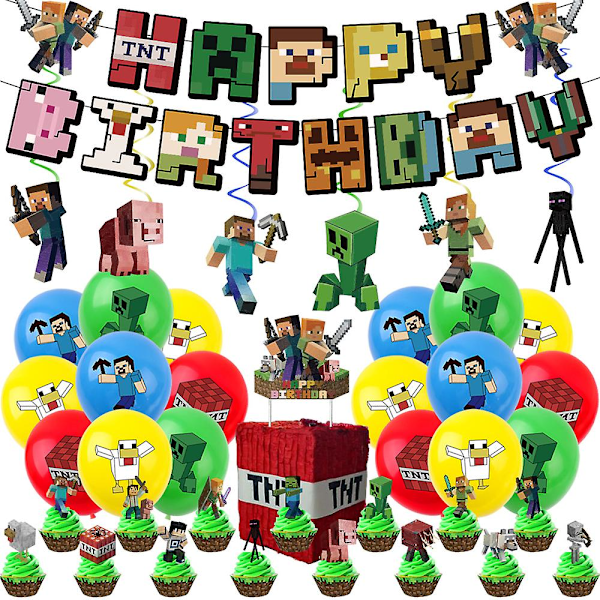 Minecraft Spiltema Kids Party Tilbehør Dekoration Balloner Glad Fødselsdag Banner Kage Toppers Sæt (FMY)