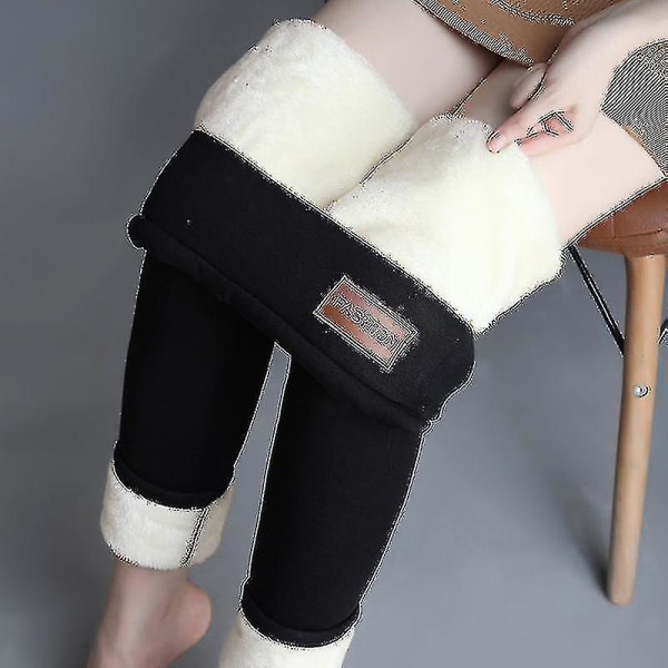 Vinter Sherpa Fleece-fôrede leggings for kvinner, høyt liv, elastiske, tykke kasjmir leggings plysj varm termisk  (FMY) Black S