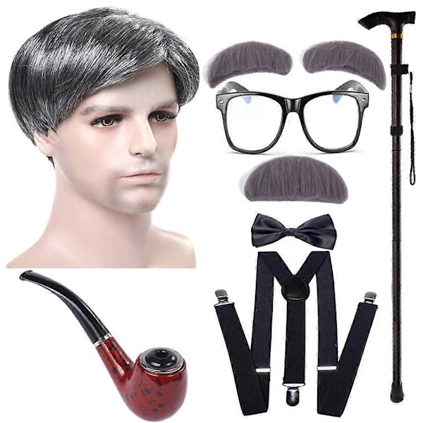 Børn Drenge Piger 100 Dages Skole Gammel Mand/Gammel Dame Kostume til Børn Halloween Fest Bedstefar/Bedstemor Kostume Paryk Tilbehør Sæt (FMY) Dark Grey Men
