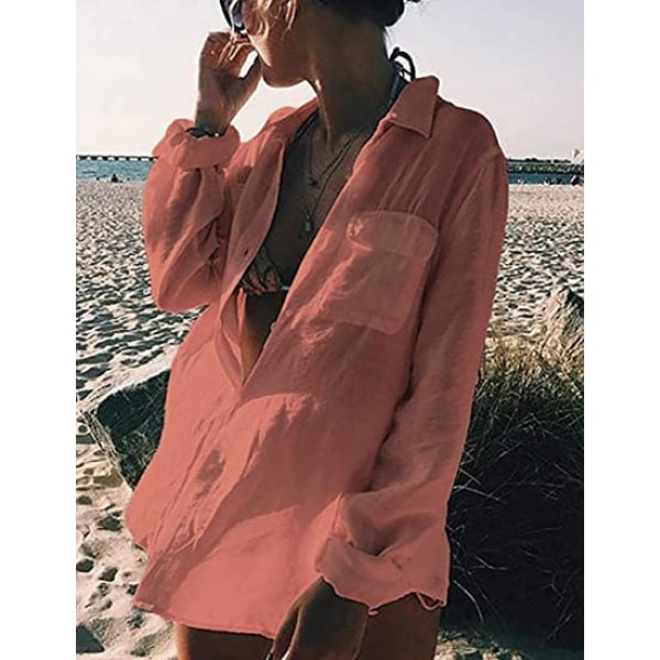 Langermet strandskjortebluser for kvinner Turn Down krage Badedrakt dekke, G-rust rød (FMY)