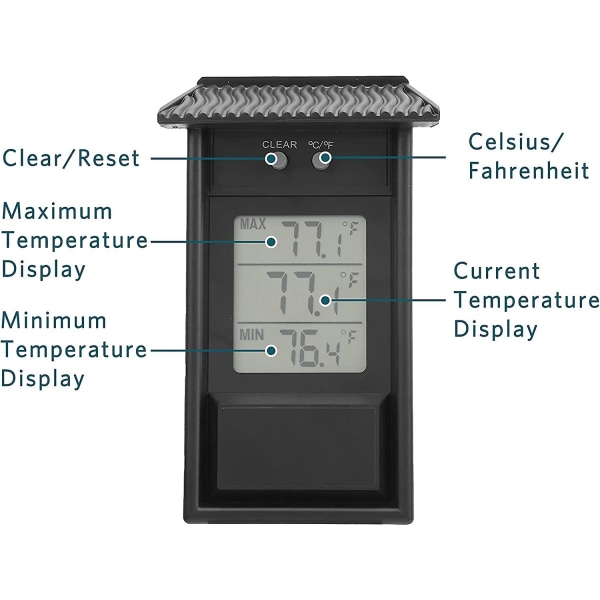 Drivhustermometer, Max Min digitalt veggtermometer, utendørs vanntett termometer for innendørs utendørs hjemmehagedrivhus (FMY)