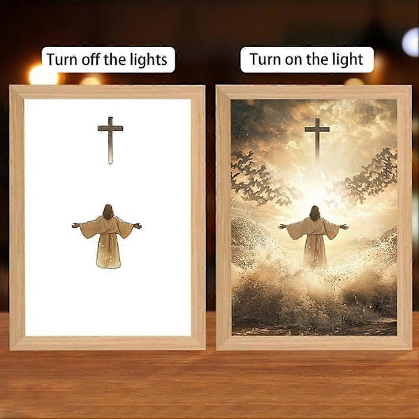 4D LED Jesus-maleri med LED-ramme, Luminworks Jesus kristen veggkunst, religiøs gave til hjemmeinnredning (FMY) A 25cmx19cmx6cm