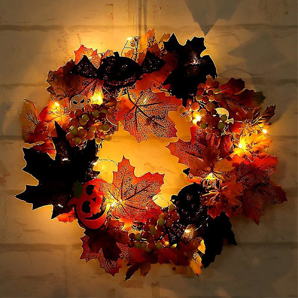 Halloween-krans med LED-lys og oppheng, høstkrans til inngangsdøren, Halloween-dekorasjon til hjemmet, Thanksgiving-dekorasjon, lønn (FMY)